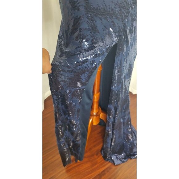 JULES AND CLEO Maxi Dress 8 Formal Gown Navy Sequin Strappy Open Back Prom - Picture 7 of 15